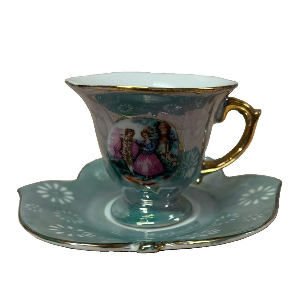 Vintage Blue Luster Demitasse Footed Tea Cup and Leaf Shaped Saucer (e2)